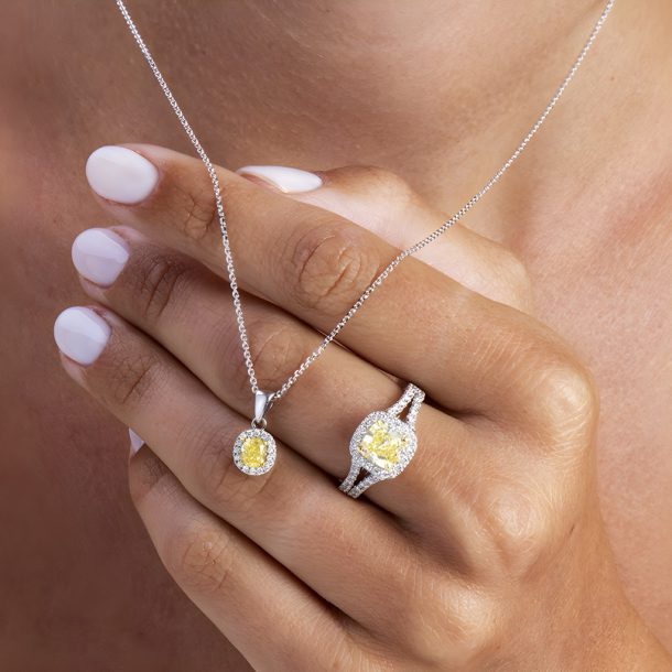 Fancy Yellow Diamond Necklace with Halo