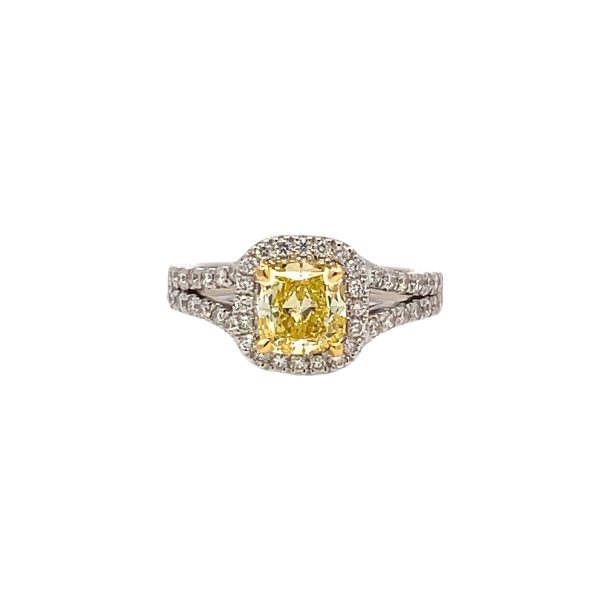 Cushion-cut Yellow Diamond Halo Engagement Ring