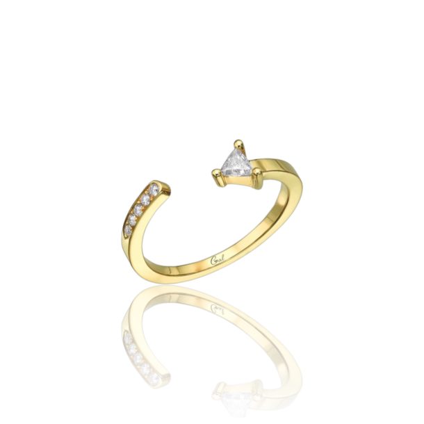 Elegant Triangle Open Ring in 18K yellow gold, showcasing a stunning 0.10ct triangle-shaped diamond and small round brilliant diamonds on the opposite side for a touch of sophistication