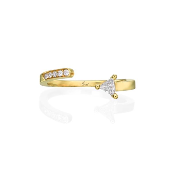 Elegant Triangle Open Ring in 18K yellow gold, showcasing a stunning 0.10ct triangle-shaped diamond and small round brilliant diamonds on the opposite side for a touch of sophistication