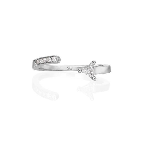 Elegant Triangle Open Ring in 18K white gold, showcasing a stunning 0.10ct triangle-shaped diamond and small round brilliant diamonds on the opposite side for a touch of sophistication